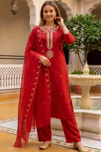 women ethnic motifs embroidered regular thread work liva kurta with palazzos & with dupatta