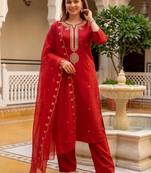 women ethnic motifs embroidered regular thread work liva kurta with palazzos & with dupatta