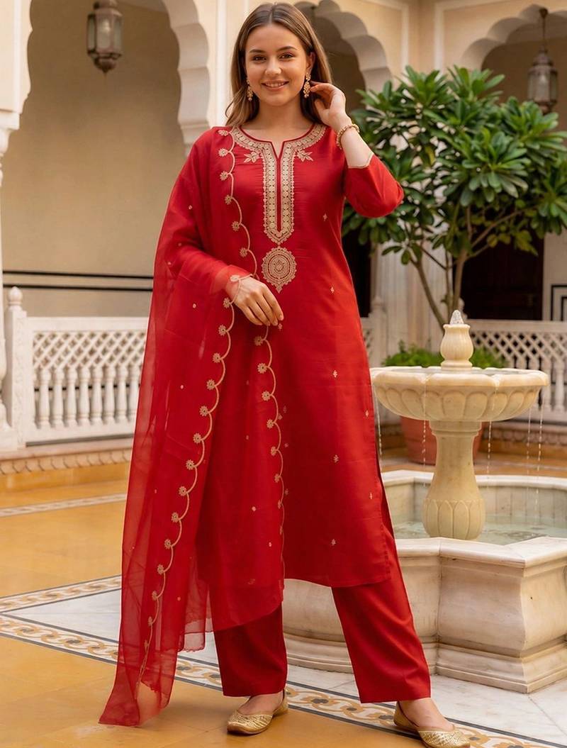 women ethnic motifs embroidered regular thread work liva kurta with palazzos & with dupatta