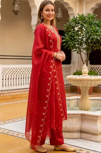 women ethnic motifs embroidered regular thread work liva kurta with palazzos & with dupatta