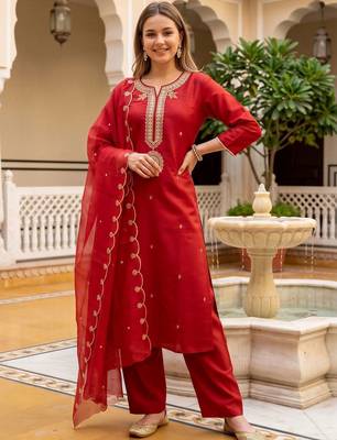 women ethnic motifs embroidered regular thread work liva kurta with palazzos & with dupatta 6