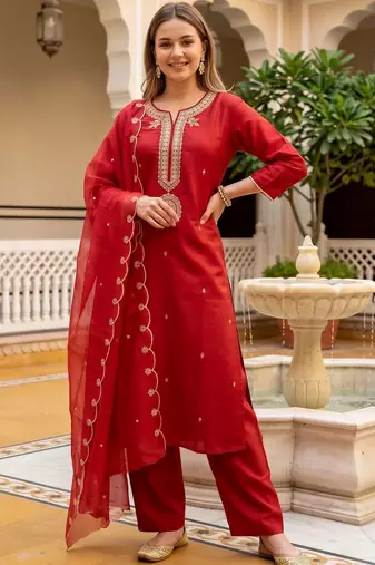 women ethnic motifs embroidered regular thread work liva kurta with palazzos & with dupatta