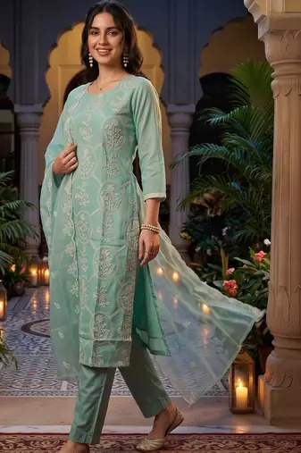 women ethnic motifs embroidered regular thread work kurta with trousers & with dupatta
