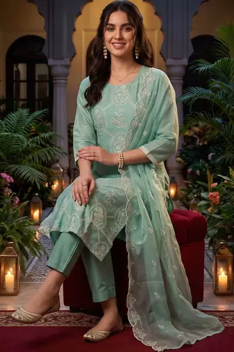 women ethnic motifs embroidered regular thread work kurta with trousers & with dupatta