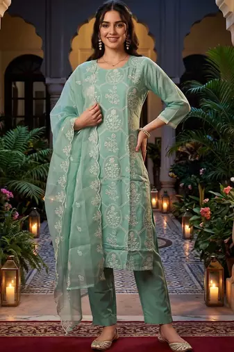 women ethnic motifs embroidered regular thread work kurta with trousers & with dupatta