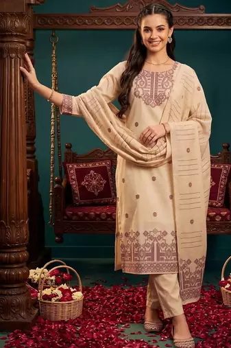 women ethnic motifs embroidered regular thread work chanderi silk kurta with trousers & with dupatta