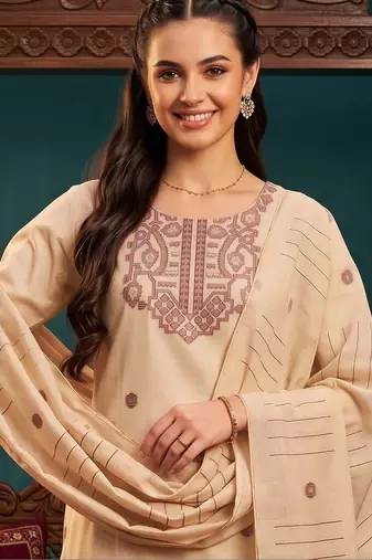 women ethnic motifs embroidered regular thread work chanderi silk kurta with trousers & with dupatta