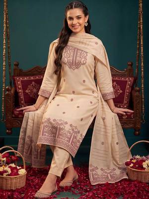 women ethnic motifs embroidered regular thread work chanderi silk kurta with trousers & with dupatta 4
