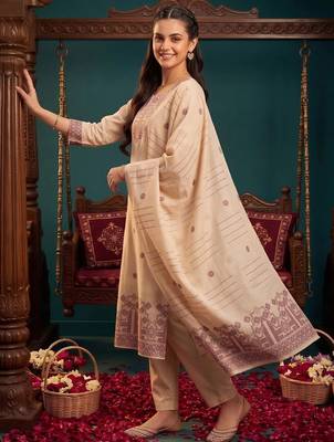 women ethnic motifs embroidered regular thread work chanderi silk kurta with trousers & with dupatta 5