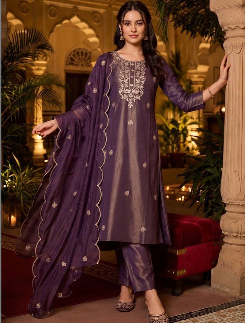 women ethnic motifs embroidered regular thread work kurta with trousers & with dupatta