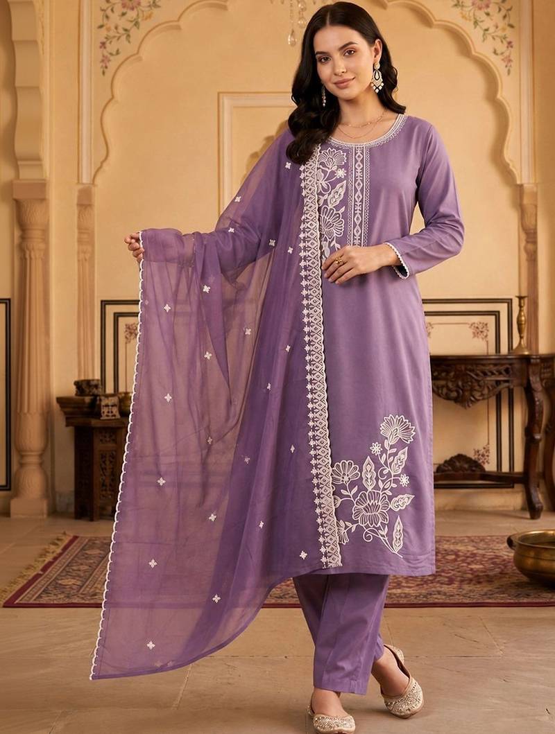 women ethnic motifs embroidered regular thread work kurta with trousers & with dupatta