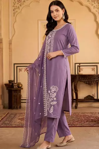 women ethnic motifs embroidered regular thread work kurta with trousers & with dupatta