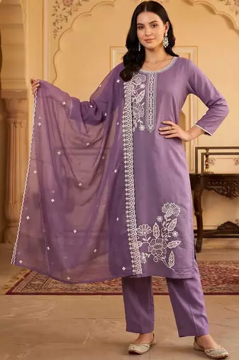 women ethnic motifs embroidered regular thread work kurta with trousers & with dupatta