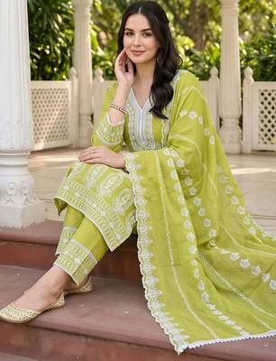 women ethnic motifs embroidered regular thread work cotton kurta with trousers & with dupatta 1