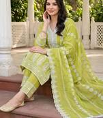 women ethnic motifs embroidered regular thread work cotton kurta with trousers & with dupatta