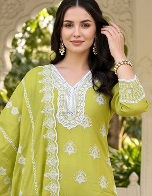 women ethnic motifs embroidered regular thread work cotton kurta with trousers & with dupatta 2