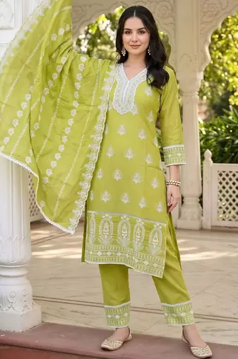 women ethnic motifs embroidered regular thread work cotton kurta with trousers & with dupatta