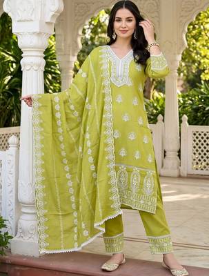 women ethnic motifs embroidered regular thread work cotton kurta with trousers & with dupatta 6
