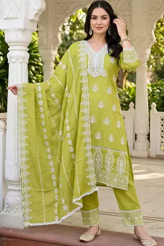 women ethnic motifs embroidered regular thread work cotton kurta with trousers & with dupatta
