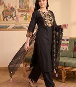 women floral embroidered regular thread work liva kurta with trousers & with dupatta