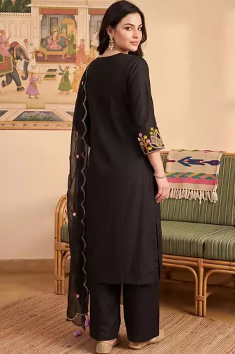 women floral embroidered regular thread work liva kurta with trousers & with dupatta
