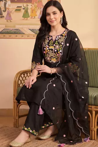 women floral embroidered regular thread work liva kurta with trousers & with dupatta
