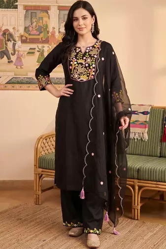 women floral embroidered regular thread work liva kurta with trousers & with dupatta