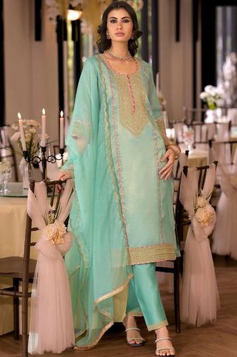 women ethnic motifs embroidered regular thread work kurta with trousers & with dupatta