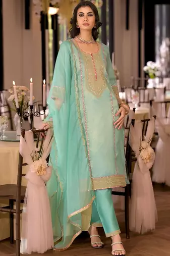 women ethnic motifs embroidered regular thread work kurta with trousers & with dupatta