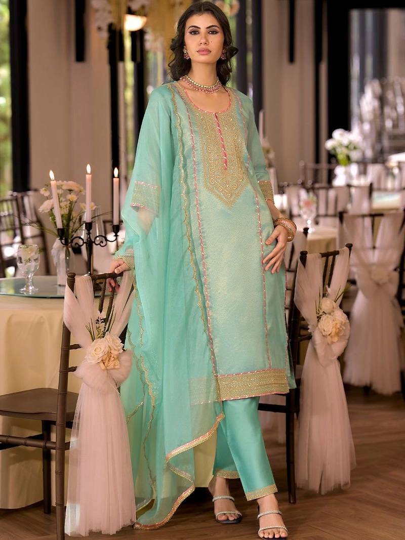 women ethnic motifs embroidered regular thread work kurta with trousers & with dupatta