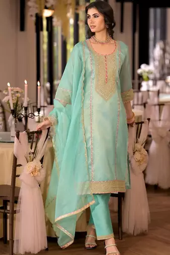 women ethnic motifs embroidered regular thread work kurta with trousers & with dupatta