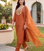 women ethnic motifs embroidered regular thread work kurta with trousers & with dupatta