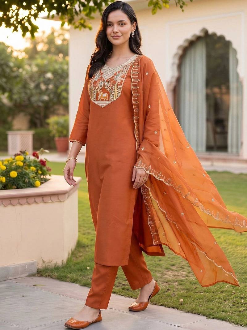 women ethnic motifs embroidered regular thread work kurta with trousers & with dupatta