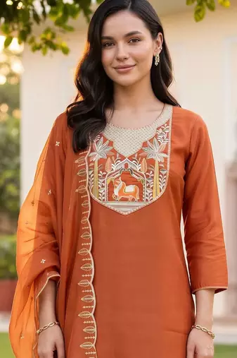 women ethnic motifs embroidered regular thread work kurta with trousers & with dupatta