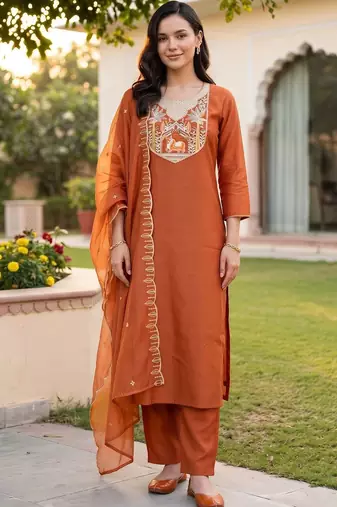 women ethnic motifs embroidered regular thread work kurta with trousers & with dupatta