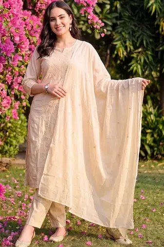 women ethnic motifs embroidered regular thread work cotton kurta with trousers & with dupatta