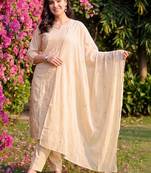 women ethnic motifs embroidered regular thread work cotton kurta with trousers & with dupatta