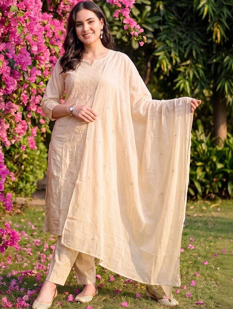 women ethnic motifs embroidered regular thread work cotton kurta with trousers & with dupatta