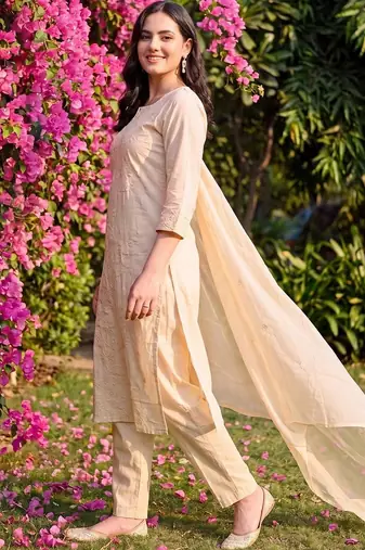 women ethnic motifs embroidered regular thread work cotton kurta with trousers & with dupatta