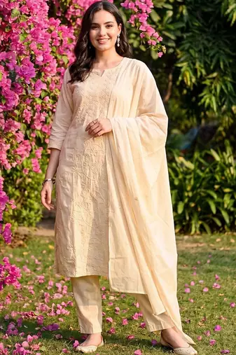 women ethnic motifs embroidered regular thread work cotton kurta with trousers & with dupatta