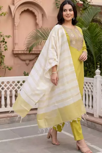 women ethnic motifs embroidered regular thread work liva kurta with trousers & with dupatta