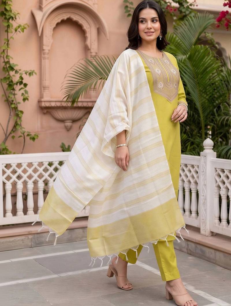 women ethnic motifs embroidered regular thread work liva kurta with trousers & with dupatta