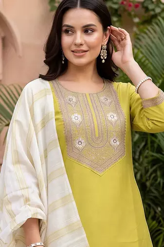 women ethnic motifs embroidered regular thread work liva kurta with trousers & with dupatta