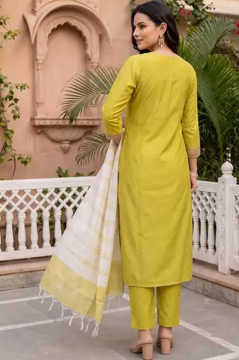 women ethnic motifs embroidered regular thread work liva kurta with trousers & with dupatta