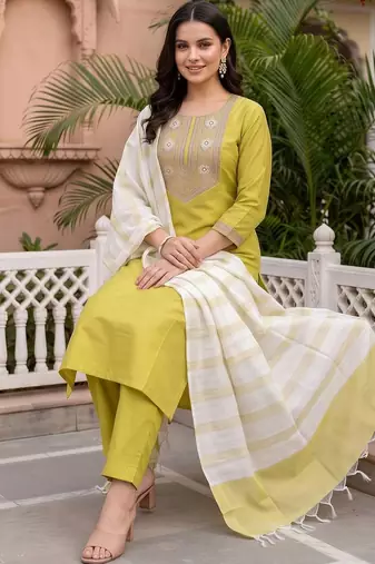 women ethnic motifs embroidered regular thread work liva kurta with trousers & with dupatta