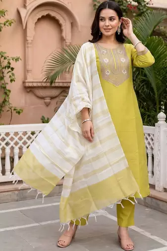 women ethnic motifs embroidered regular thread work liva kurta with trousers & with dupatta