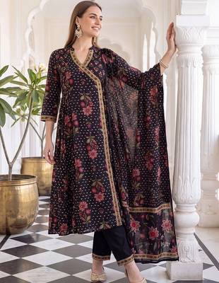 women floral printed angrakha cotton kurta with trousers & with dupatta 1