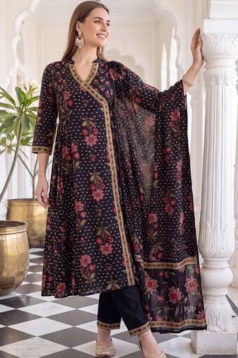 women floral printed angrakha cotton kurta with trousers & with dupatta