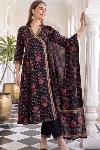 women floral printed angrakha cotton kurta with trousers & with dupatta