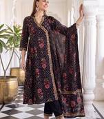 women floral printed angrakha cotton kurta with trousers & with dupatta